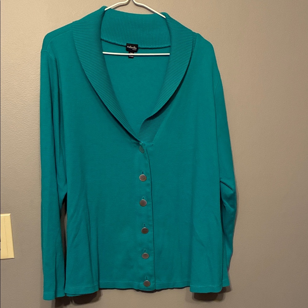 Rafaella Teal Button-Front Wide Collar Cardigan with Big Buttons